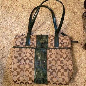 Tan, brown, and green Coach bag
